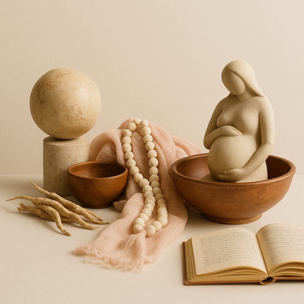 Soft abstract editorial still life representing global traditions of maternal care